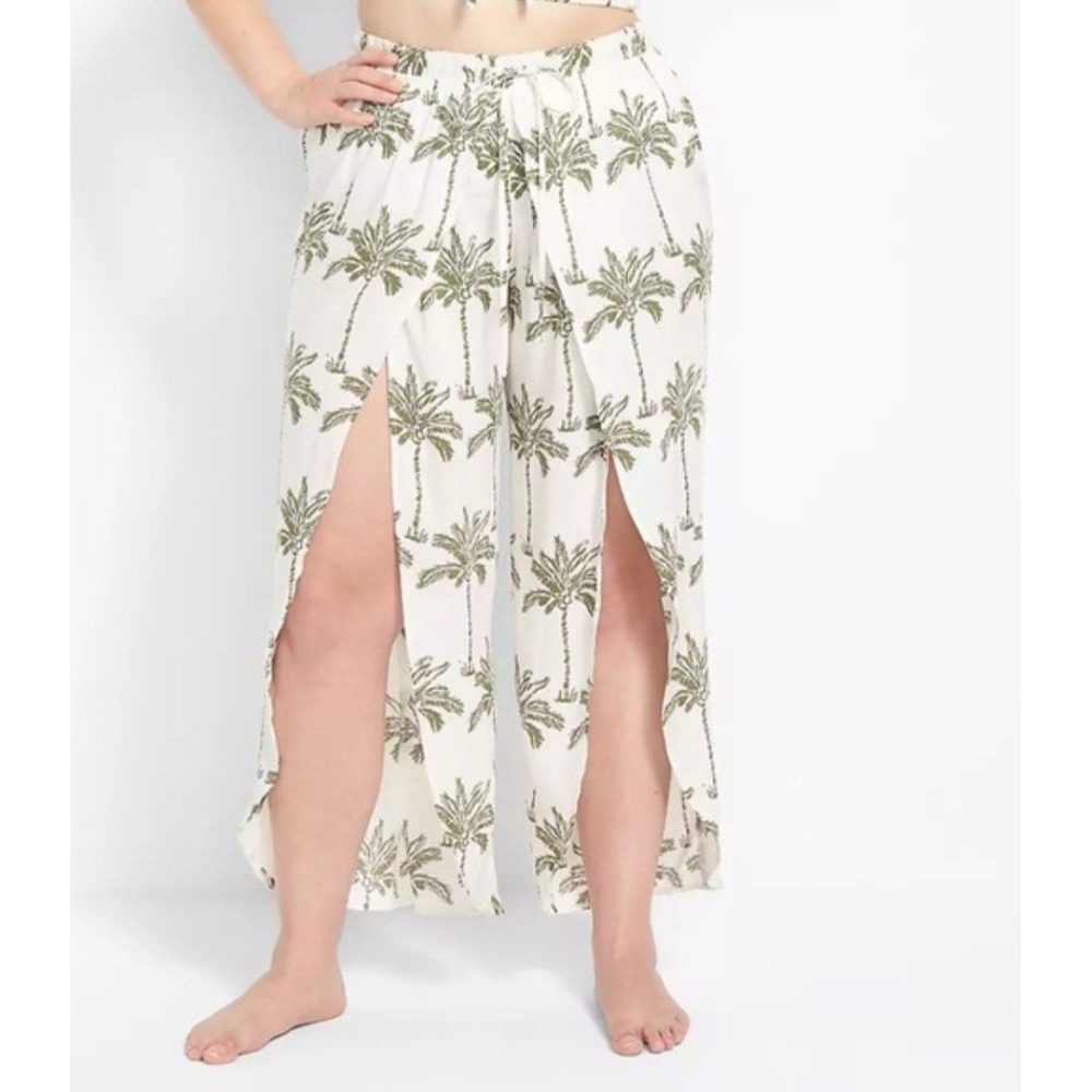 Cacique Swim Woven Wrap Pant Coverup Women 18/20 White Green Palm Tree Side Slit